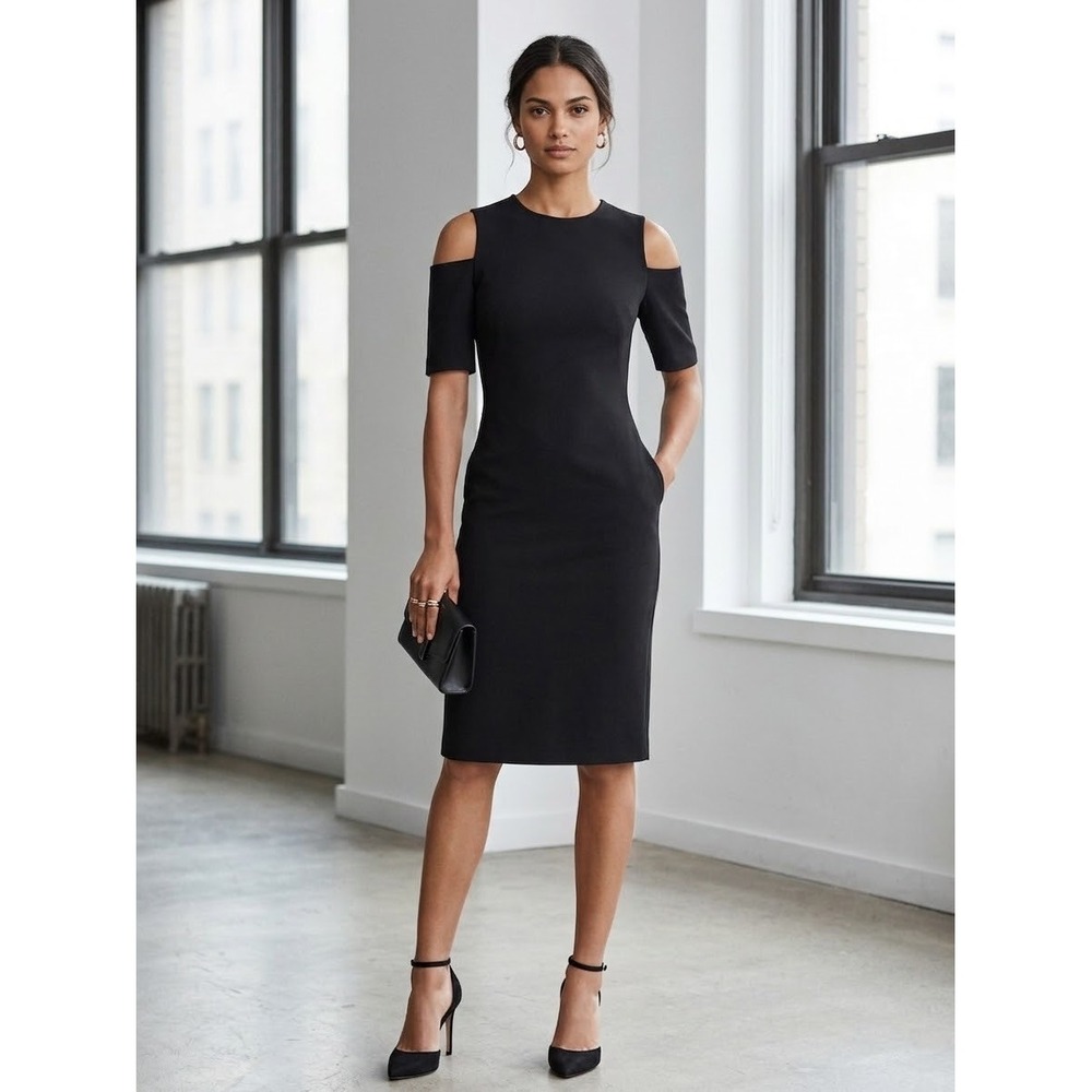 Zara Woman Black Cold Shoulder Sheath Dress Short Sleeve Crew Neck Size S